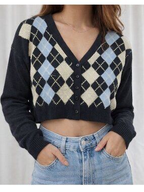 *3 FOR $9* Shein Long Sleeve Cropped Length Argyle Button Front Cardigan Sweater